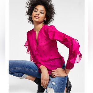 Bar III Pink Flutter Sleeve Blouse with Mandarin Collar #142